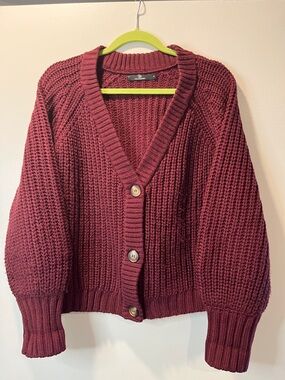 Chunky Button-Front v neck Cardigan S Burgundy